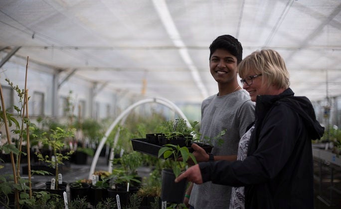 A student and teacher stand in a horticulture green room during a practical class.