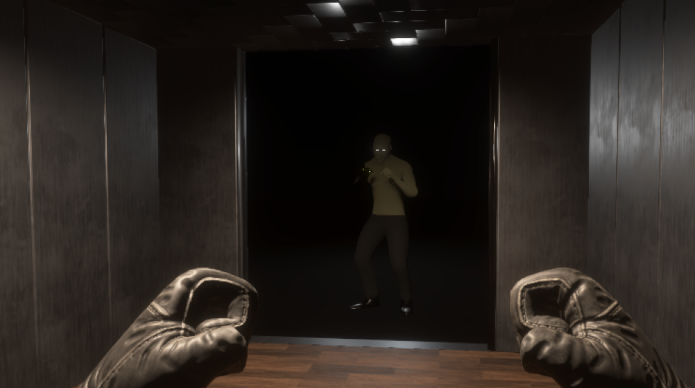 Game design - A masked person enters a dimly lit room where two gloved hands point toward them