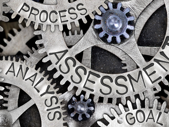 Macro photo of tooth wheel mechanism with ASSESSMENT, PLAN, ANALYSIS, PROCESS, GOAL, METHOD and SYSTEM words imprinted on metal surface